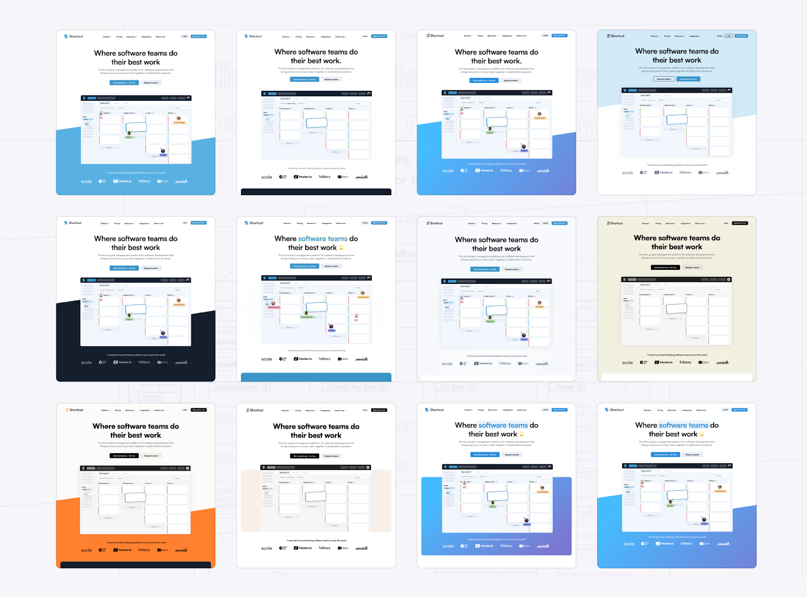 The initial concepts, different colors, different logo mark ideas