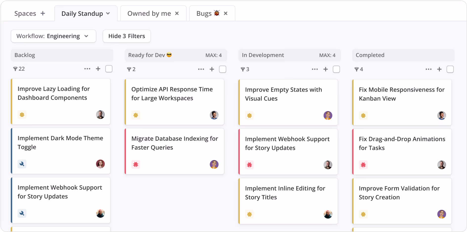 Kanban Board in Shortcut showing team standup and workflow states.