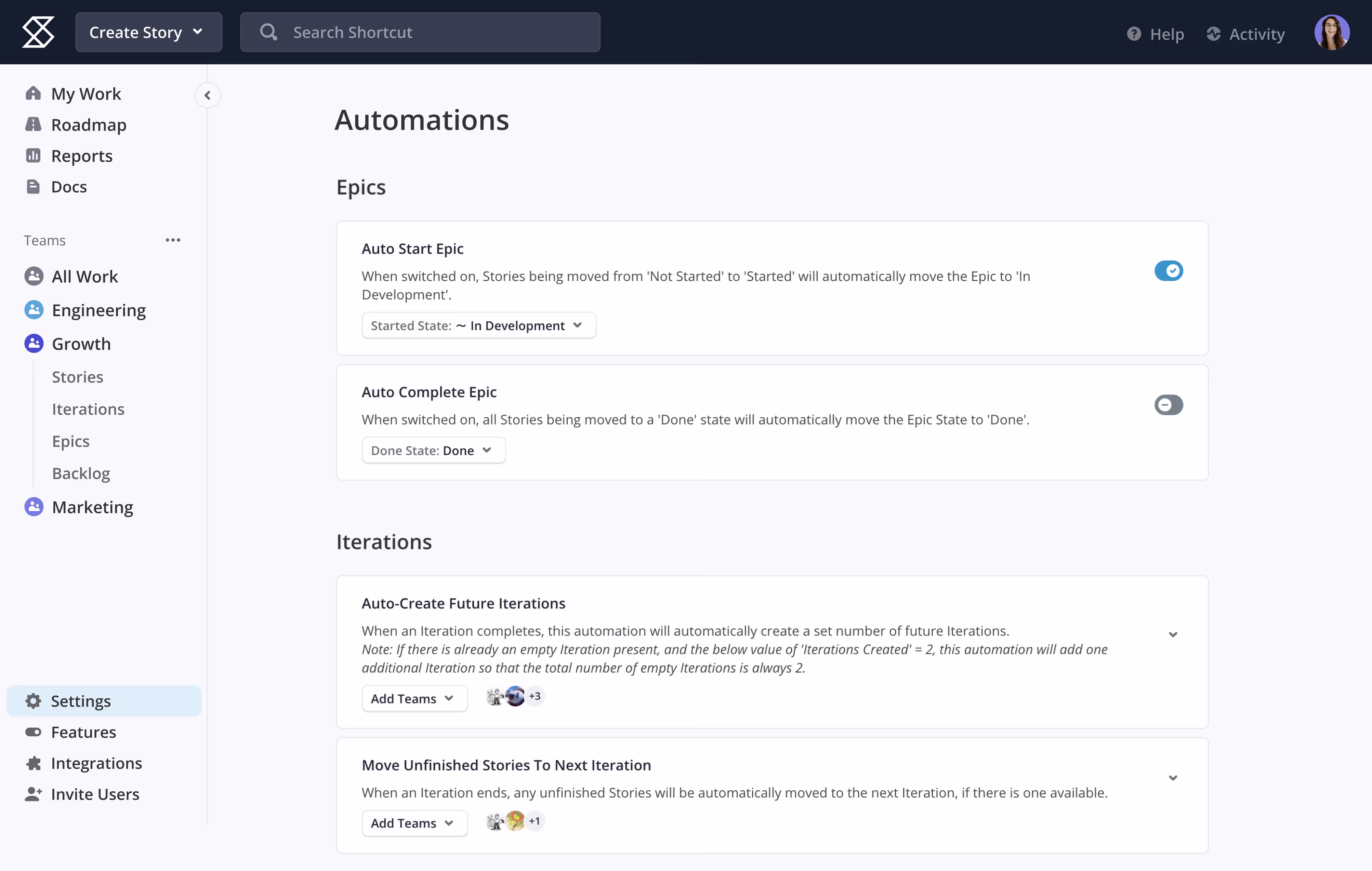 Automations dashboard in Shortcut