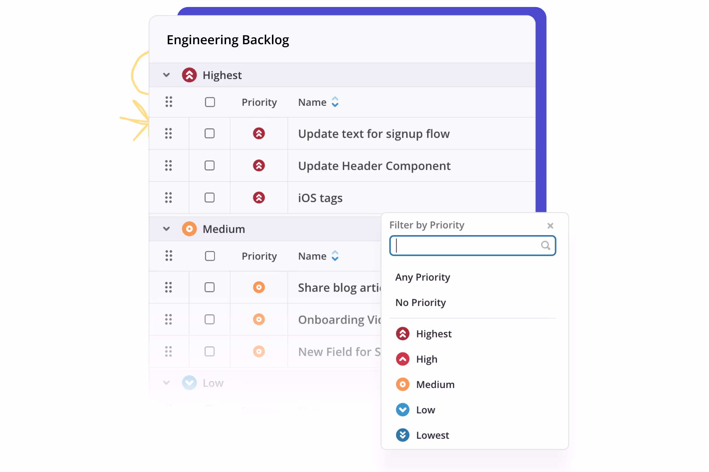 The Backlog in Shortcut sorted by priority