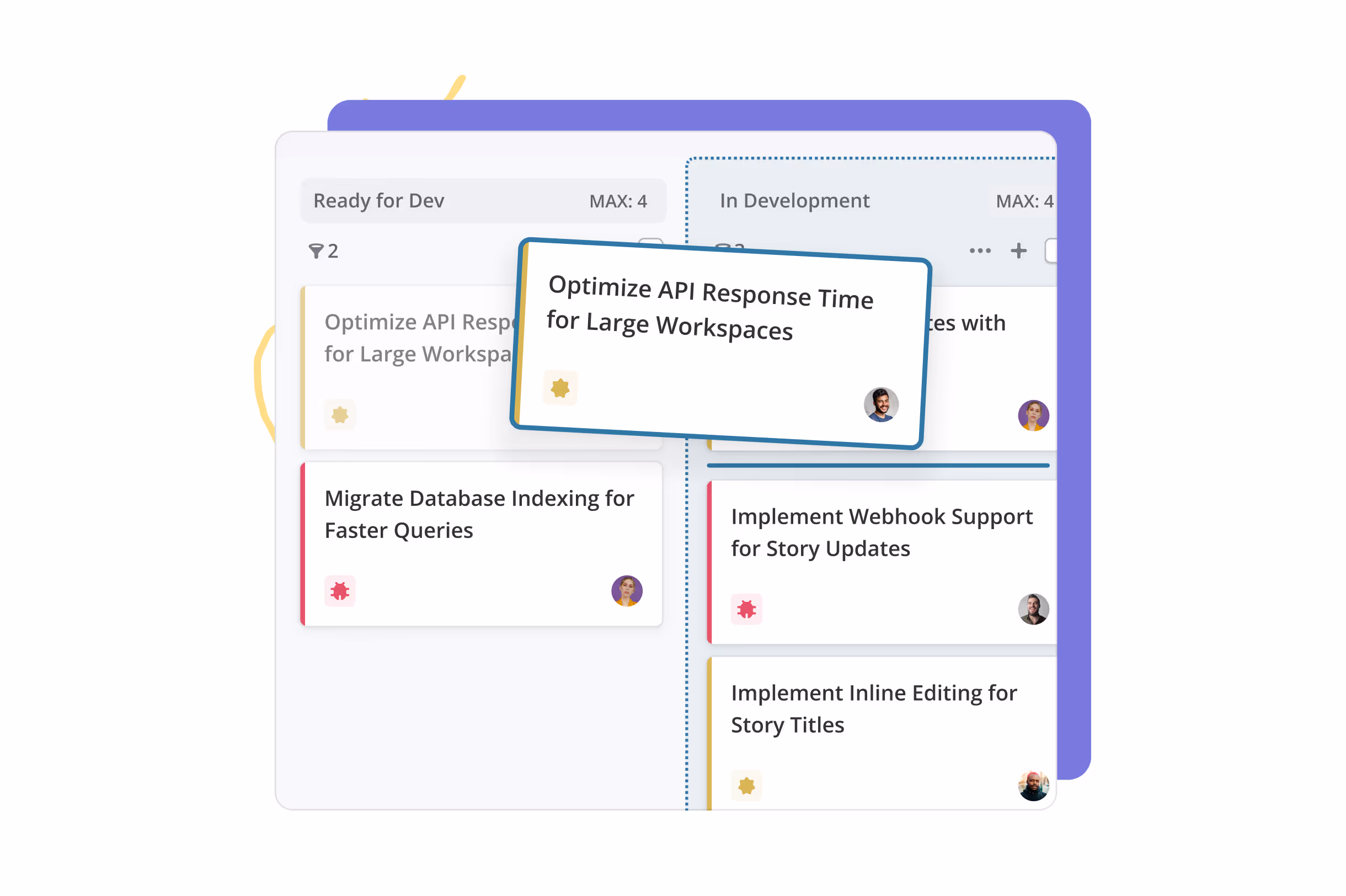 A story card being dragged across a Kanban board