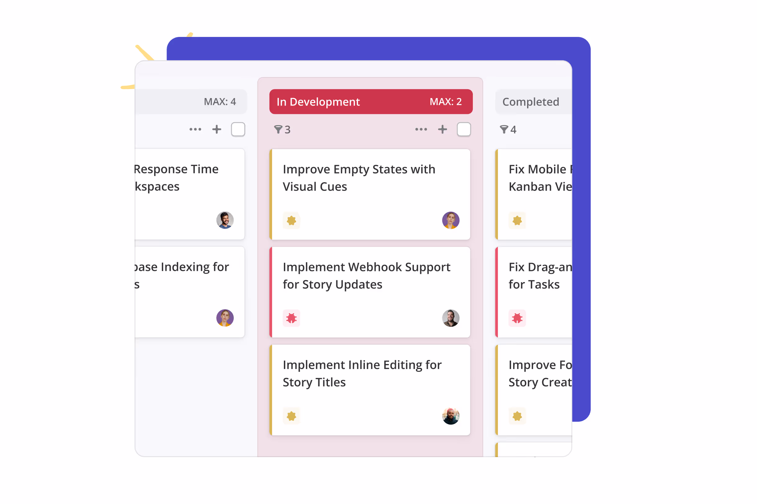A work in progress limit being exceeded on a Kanban board in Shortcut.