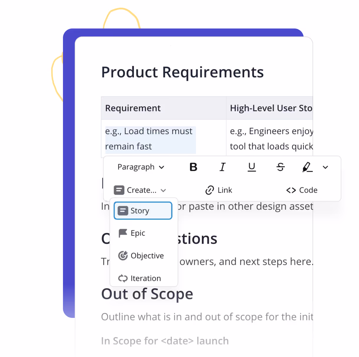 Creating Stories from inside a Shortcut Doc
