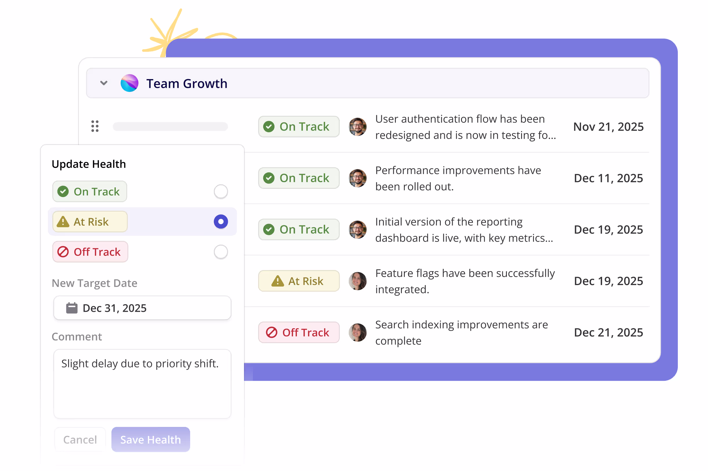 Health status indicators on a Shortcut Roadmap