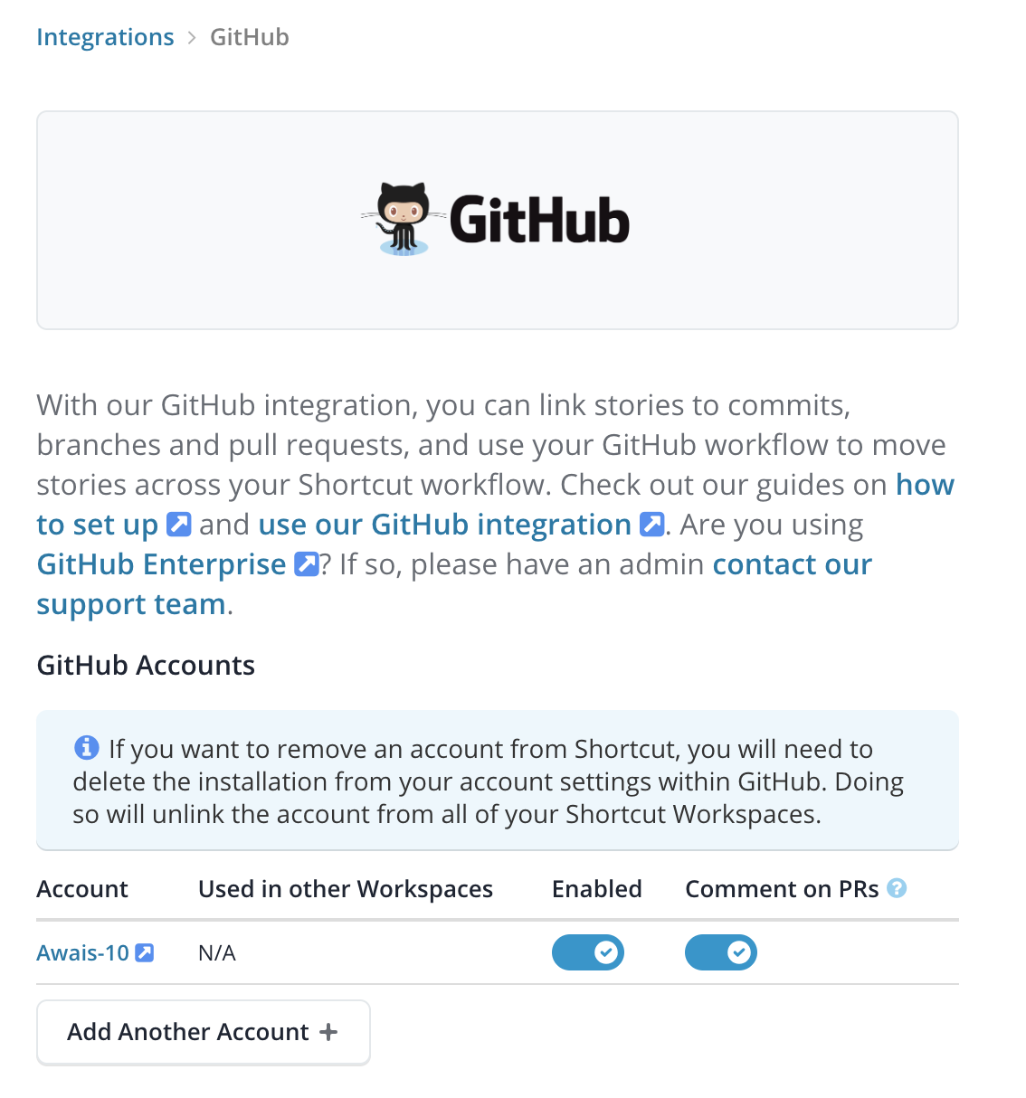 A connected GitHub account in Shortcut