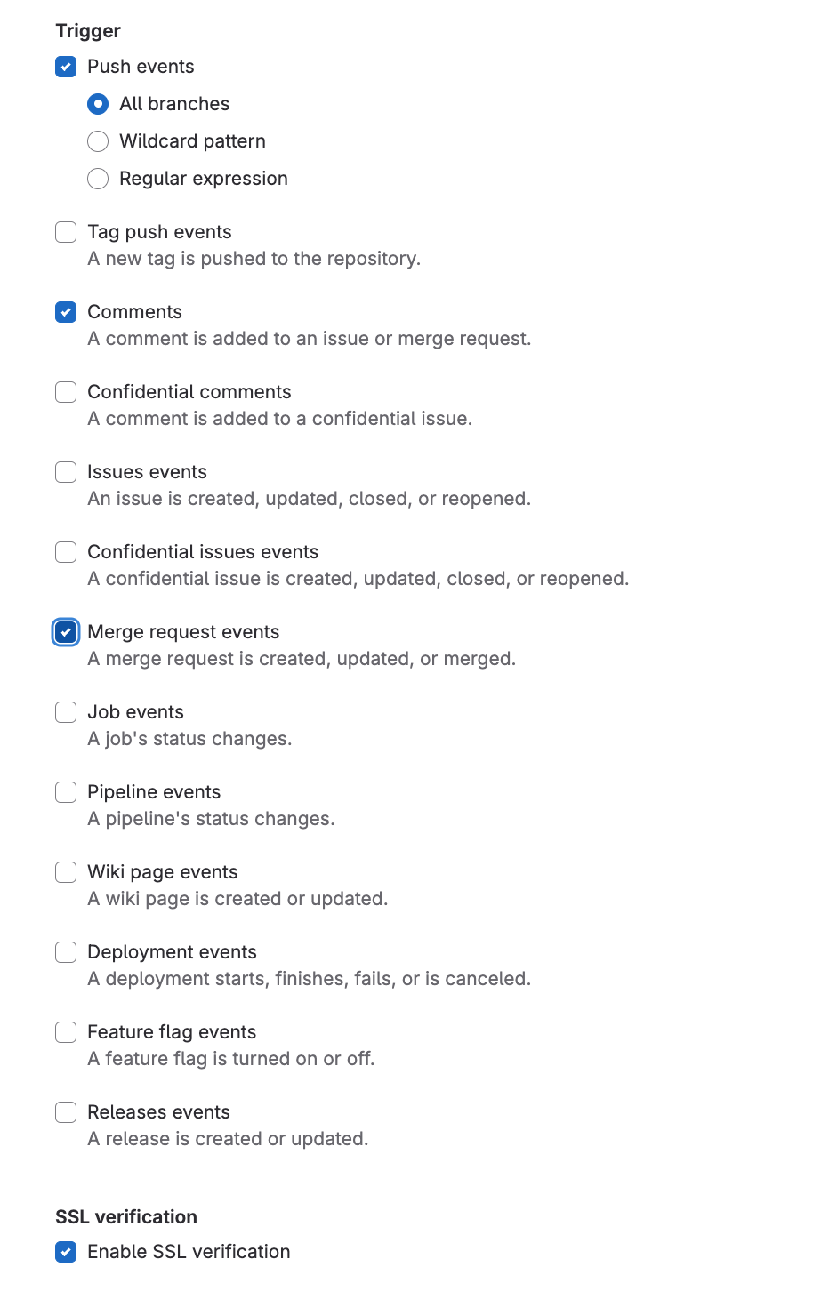 Select GitLab webhook events